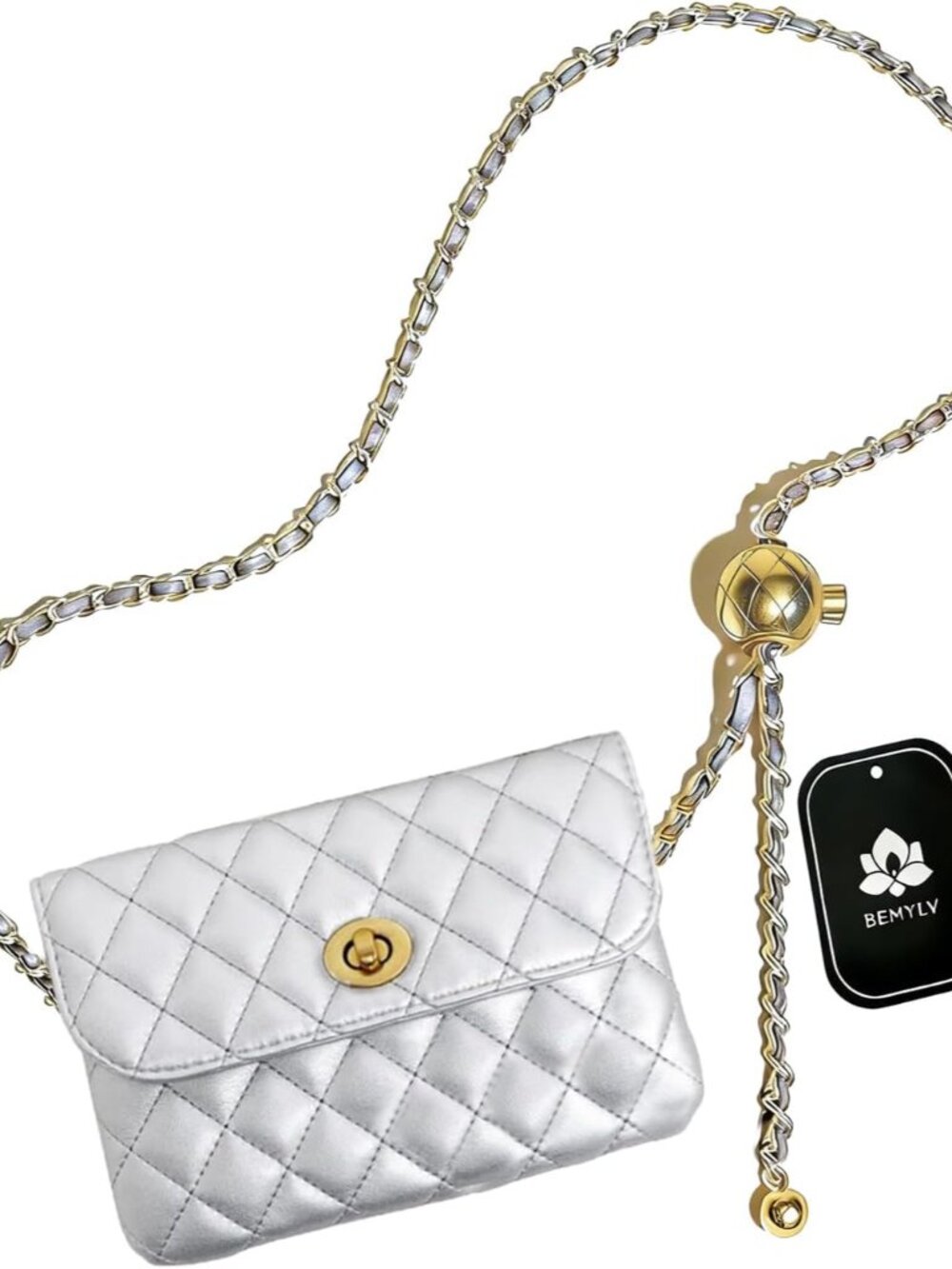 Leather Chain Belt Bag for Women Silver Crossbody Phone Purse Adjustable Fanny P